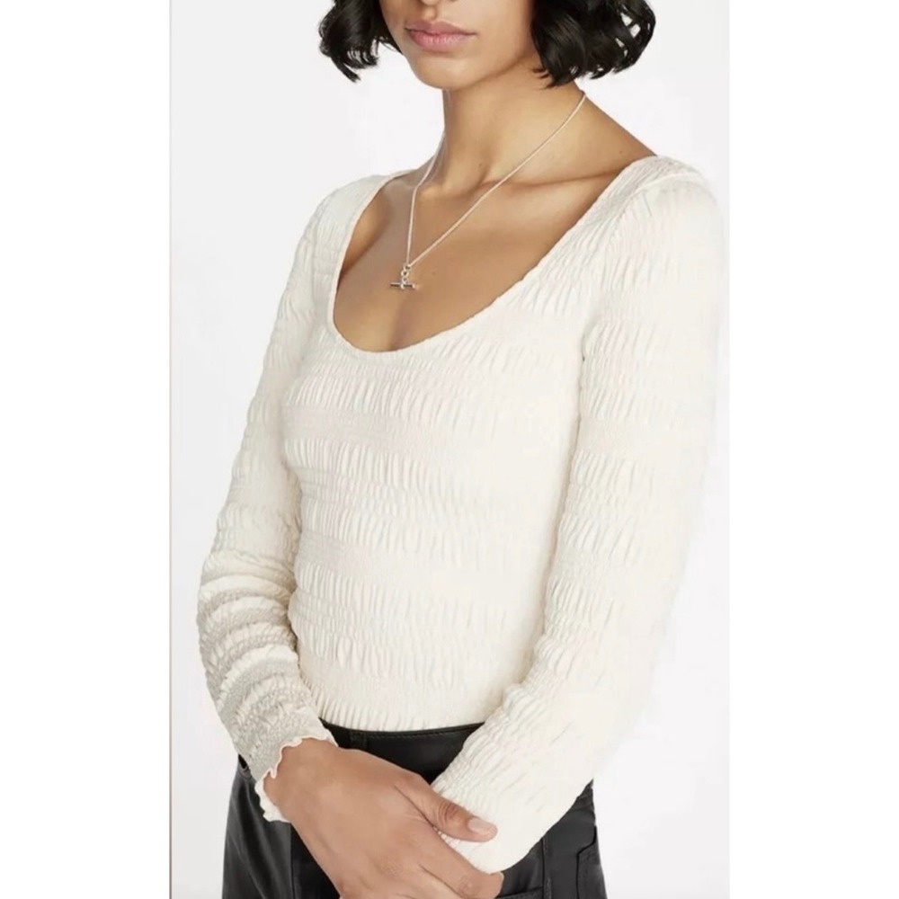 FRAME Smocked Long Sleeve Top Bone White Scoop Neck Womens Small